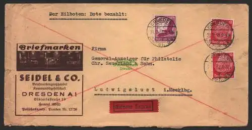 B8970 Brief Dresden 1938 Eilboten nach Ludwigslust Seidel & Co. Briefmarken