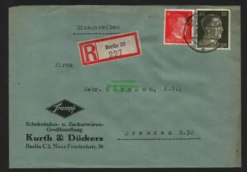 B9069 R-Brief Gebr. Hörmann A.-G. Berlin 25 227 1943 Kurt & Drückers Schokoladen