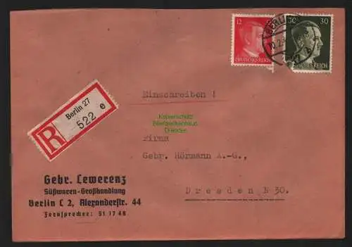 B9078 R-Brief Gebr. Hörmann A.-G. Berlin 27 e 1943 Gebr. Lewerenz Süßwaren-Großh