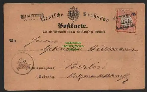 B8850 DR Postkarte Bahnpost 1874 Hamburg Berlin abgedeckter Streckenstempel