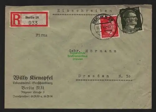 B9081 R-Brief Gebr. Hörmann A.-G. Berlin 28 1943 Willy Kienapfel Lebensmittel-