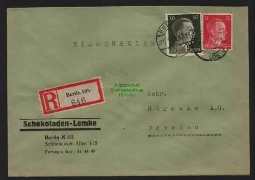 B9048 R-Brief Gebr. Hörmann A.-G. Berlin 106 1943  Schokoladen-Lemke