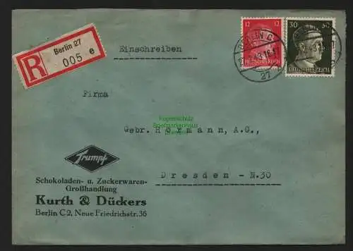 B9079 R-Brief Gebr. Hörmann A.-G. Berlin 27 e 1943 Trumph Kurt & Drückers Schoko