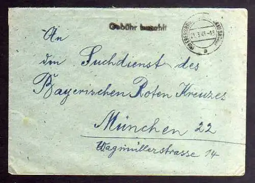 B910 SBZ Brief Gebühr bezahlt 1946 Ebersbrunn Kr. Zwickau Sachs  an Suchdienst M