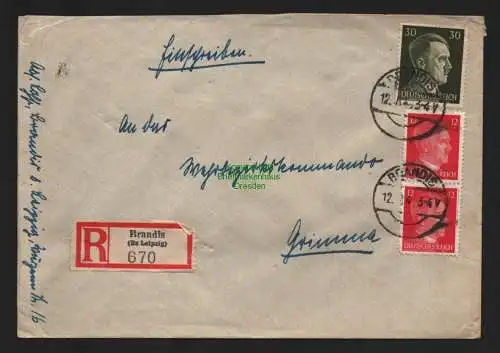 B9188 R-Brief Wehrmeldeamt Brandis (Bz Leipzig) 1943 Wehrbezirkskommando Grimma