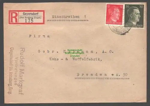 B9357 R-Brief Gebr. Hörmann A.-G. Geyersdorf über Annaberg Erzgeb 1943 Markgraf