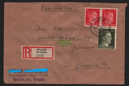 B9187 R-Brief Wehrmeldeamt Brandis (Bz Leipzig) 1943 Wehrbezirkskommando Grimma