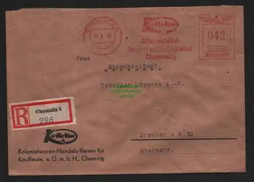 B9225 R-Brief Gebr. Hörmann A.-G. Chemnitz 8 1943 Ka.Ha.Vau Kolonialwaren-Verein