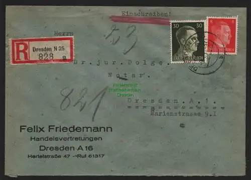 B9293 R-Brief  Dresden N 25 a 1943 Felix Friedemann Notar Dolge