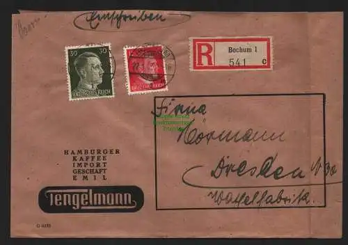 B9176 R-Brief Gebr. Hörmann A.-G. Bochum 1943 Tengelmann Hamburger Kaffee