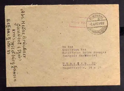 B938 SBZ Brief Gebühr bezahlt 1946 Gießhübel Kr. Hildburghausen an Zentrale Such