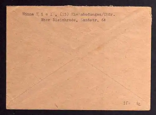 B951 SBZ Brief Gebühr bezahlt 1946 Großbodungen Kr. Worbis an Zentrale Suchkarte