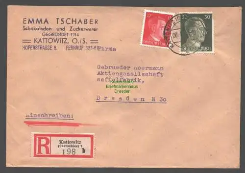 B9457 R-Brief Gebr. Hörmann A.-G. Kattowitz (Oberschles) 1 b 1943 Emma Tschaber