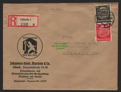 B9564 R-Brief Gebr. Hörmann A.-G. Lübeck 1 s Johannes Heinr. Martens & Co. 1942