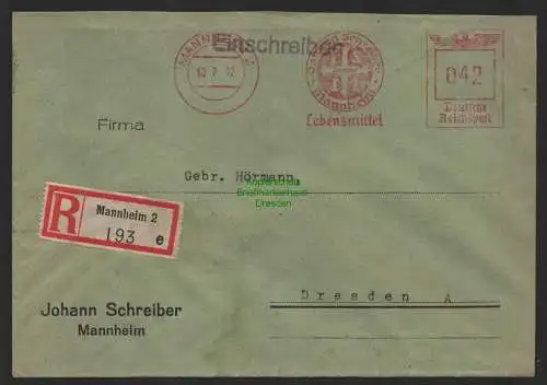 B9573 R-Brief Gebr. Hörmann A.-G. Mannheim 2 e Johann Schreiber 1942