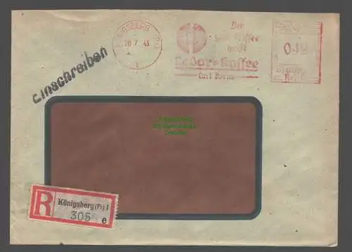 B9478 R-Brief Gebr. Hörmann A.-G. Königsberg (Pr) 1 e 1943 Carl Dorno Kaffee