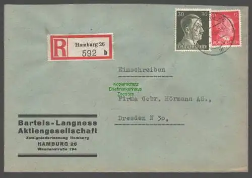 B9418 R-Brief Gebr. Hörmann A.-G. Hamburg 26 b 1943 Bartels - Langness  AG