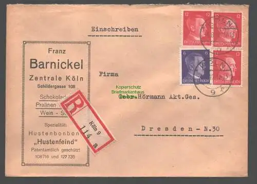 B9471 R-Brief Gebr. Hörmann A.-G. Köln 9 a Franz Barnickel Schokoladen Pralinen