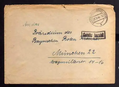 B946 SBZ Brief Gebühr bezahlt 1946 Gräfinau-Angstedt an Zentrale Suchkartei Münc