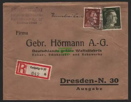 B9522 R-Brief Gebr. Hörmann A.-G. Leipzig O 27 a Arthur Schöne 1943 Waffelfabrik