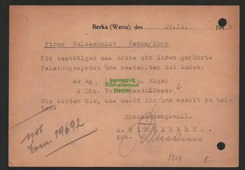 B9904 Postkarte SBZ Gebühr bezahlt 1945 Berka Werra Baufirma Sievers nach Vacha