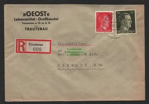 B9765 R-Brief Gebr. Hörmann A.-G. Trautenau 609 1943 Geost Lebensmittel Groß