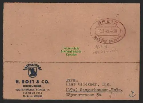 B9908 Postkarte SBZ Gebühr bezahlt 1948 Greiz nach Sangerhausen