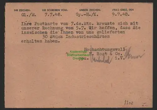 B9908 Postkarte SBZ Gebühr bezahlt 1948 Greiz nach Sangerhausen