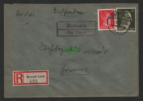 B9821 R-Brief Wurzen Land Bortewitz  1943 Wehrbezirkskommando Grimma Landpost