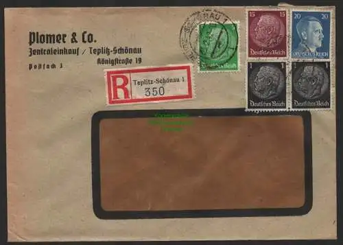 B9760 R-Brief Gebr. Hörmann A.-G. Teplitz-Schönau 1 350 Plomer & Co.  1942 Zent