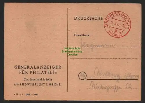 B9843 Postkarte Drucksache SBZ Gebühr bezahlt 1947 Schwerin