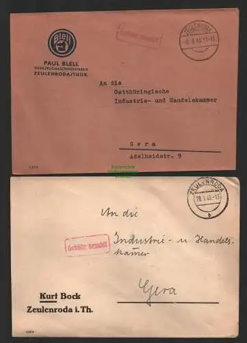 B9926 2x Brief SBZ Gebühr bezahlt 1945 Zeulenroda nach Gera