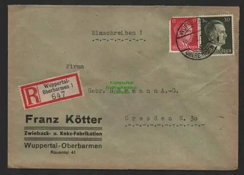 B9814 R-Brief Gebr. Hörmann A.-G. Wuppertal-Oberbarmen 1 Franz Kötter  1942 Zwie