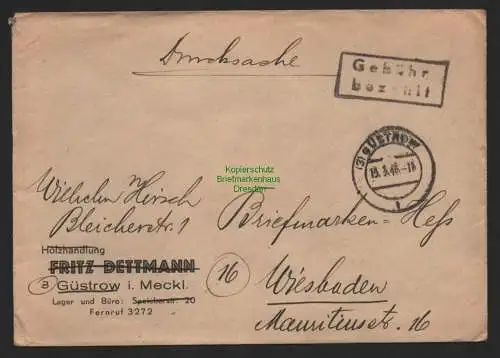 B9842 Brief SBZ Gebühr bezahlt 1946 Güstrow nach Wiesbaden