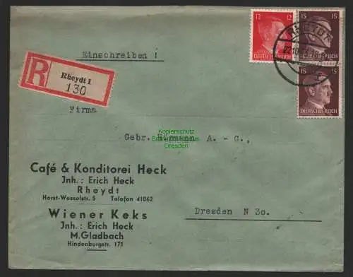 B9672 R-Brief Gebr. Hörmann A.-G. Rheydt 1 Erich Heck 1943 Kaffee & Konditorei