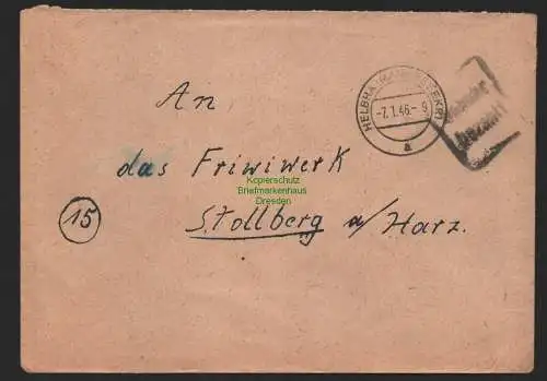 B9861 Brief SBZ Gebühr bezahlt 1946 Helbra bei Mansfeld Friwi Werk Stolberg Harz