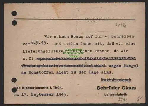 B9912 Brief SBZ Gebühr verrechnet bezahlt 1945 Bad Klosterlausnitz nach Pößneck