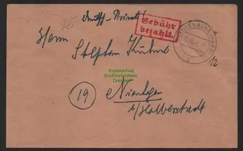 B9854 Brief SBZ Gebühr bezahlt 1945 Blankenburg Harz nach Nienhagen Halberstadt