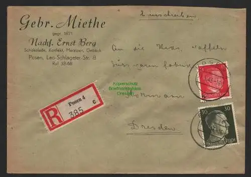 B9698 R-Brief Gebr. Hörmann A.-G. Posen 4 c Gebr. Miethe 1943 Schokolade Konfekt