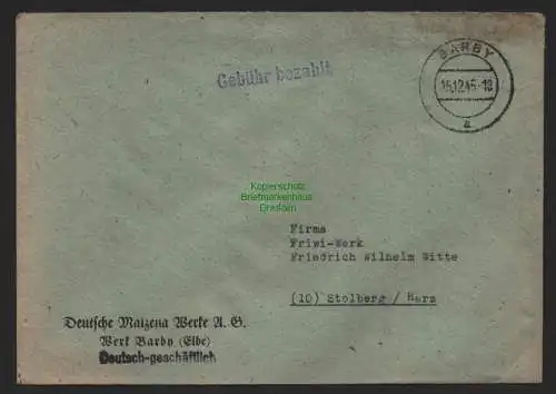 B9852 Brief SBZ Gebühr bezahlt 1945 Berga Kyffhäuser An Friwi Werk Stolberg Harz