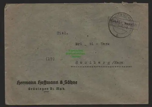 B9858 Brief SBZ Gebühr bezahlt 1945 Gröningen Bz. Magdeburg Friwi Werk Stolberg