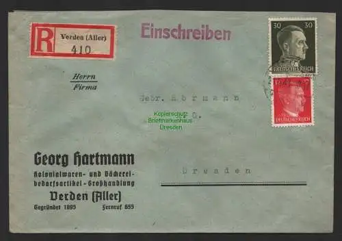 B9777 R-Brief Gebr. Hörmann A.-G. Verden (Aller) Georg Hartmann  1943 Kolonial