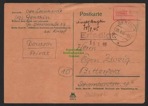 B9857 Postkarte SBZ Gebühr bezahlt 1945 Genthin nach Bitterfeld