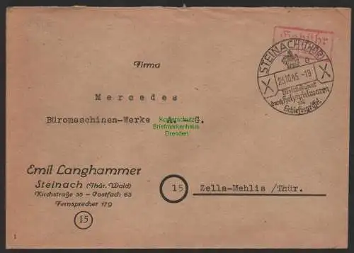 B9919 Brief SBZ Gebühr bezahlt 1945 Steinach nach Zella-Mehlis