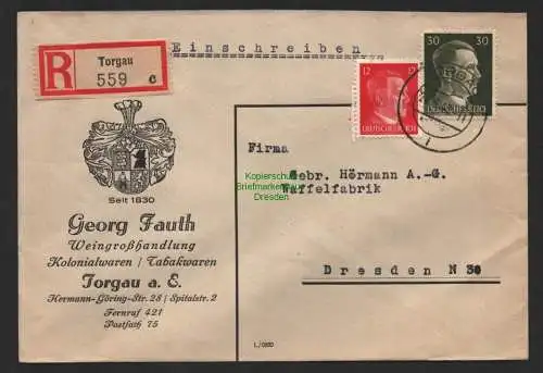 B9764 R-Brief Gebr. Hörmann A.-G. Torgau c Georg Fauth 1943 Weingroßhandlung