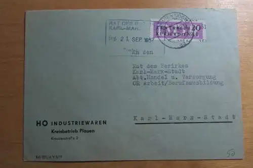 DDR Aufdruck Kontrollzahlen 1514 Plauen Vogtl. ZKD 15 Brief HO Industriewaren an