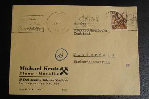 Brief Bezirkshandstempel Bezirk 27 Leipzig 28.6.48 Delitzsch Kartoffelkäfer Stem