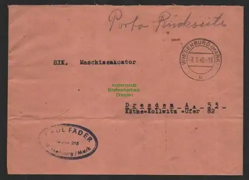 B9994 Brief SBZ Gebühr Währungsreform 1948 Zehnfach Wiesenburg Mark nach Dresden