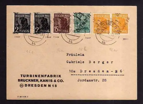 h1131 Brief Handstempel Bezirk 14 Dresden 2x 25, 15 , 16, 2x 2 Pfg gepr. Müller