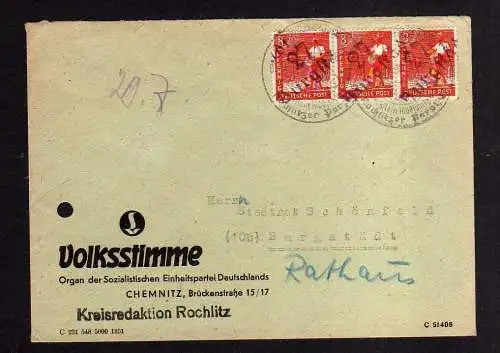 h1240 Brief Handstempel Bezirk 27 Burgstädt 3x 8 violett 5.7.48 Volksstimme Krei